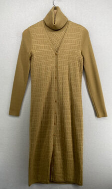 DKNY Sweater Twinset S Wool Check Turtleneck Long Cardigan Button Up Camel Y2K